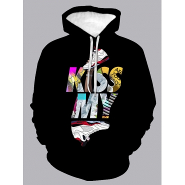 

LW Men Letter Print Kangaroo Pocket Hoodie, Black
