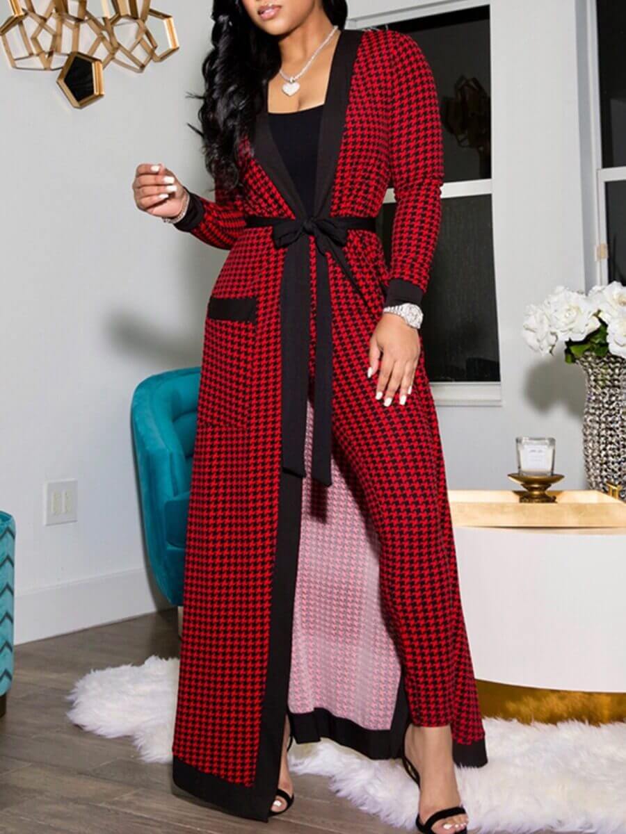 

Lovely Casual Plaid Print Patchwork Red Three Piece Pants Set