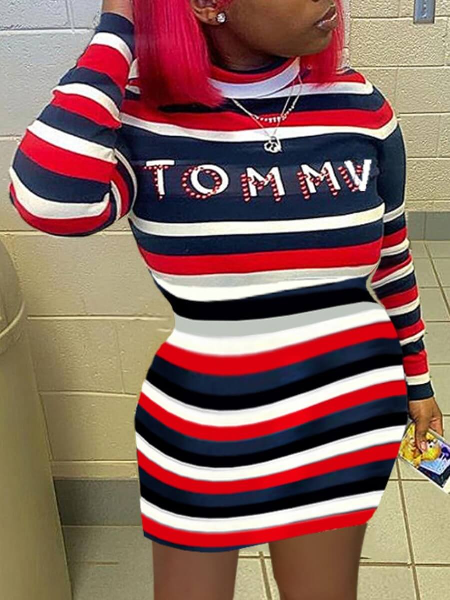 

Lovely Casual Half A Turtleneck Striped Print Red Mini Dress