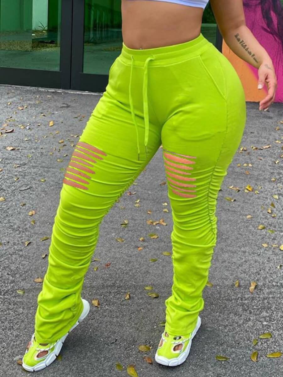 

Lovely Casual Ripped Fold Design Green Plus Size Pants