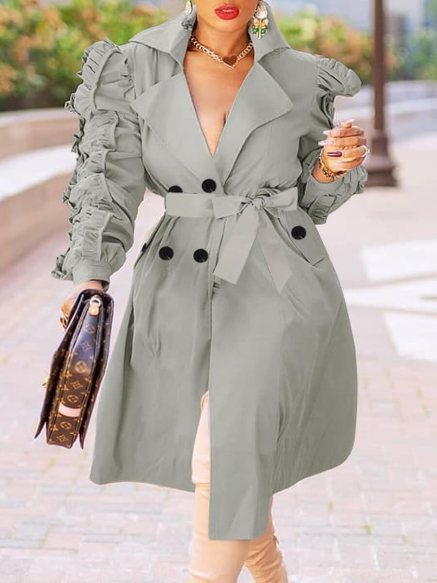 

Lovely Street Lace-up Ruffle Design Light Green Trench Coat