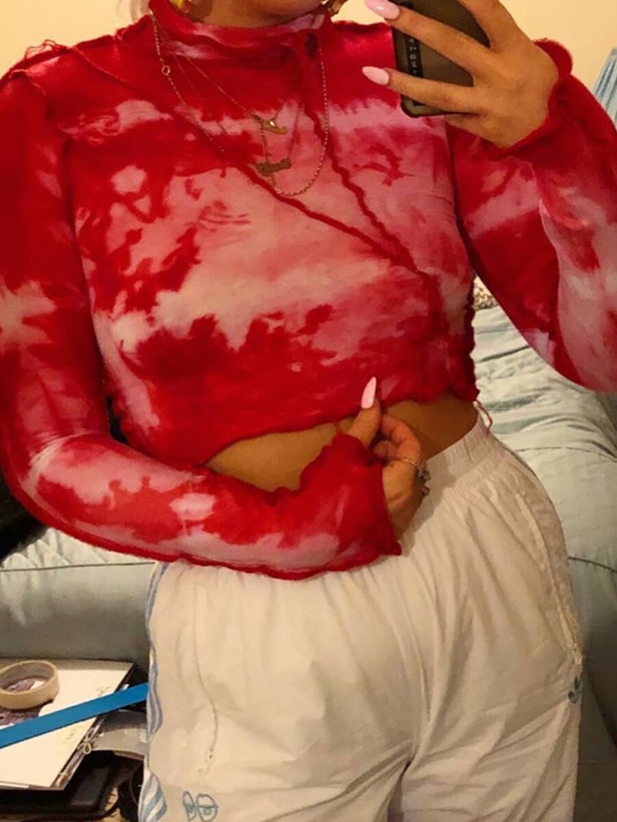 

Lovely Chic Turtleneck Tie-dye Rose Red T-shirt