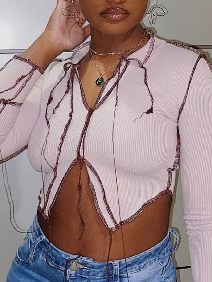 

Lovely Chic V Neck Patchwork Asymmetrical Dusty Pink T-shirt