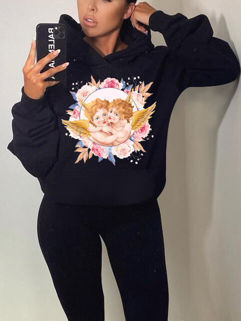 

Lovely Casual Hooded Collar Doll Print Black Hoodie