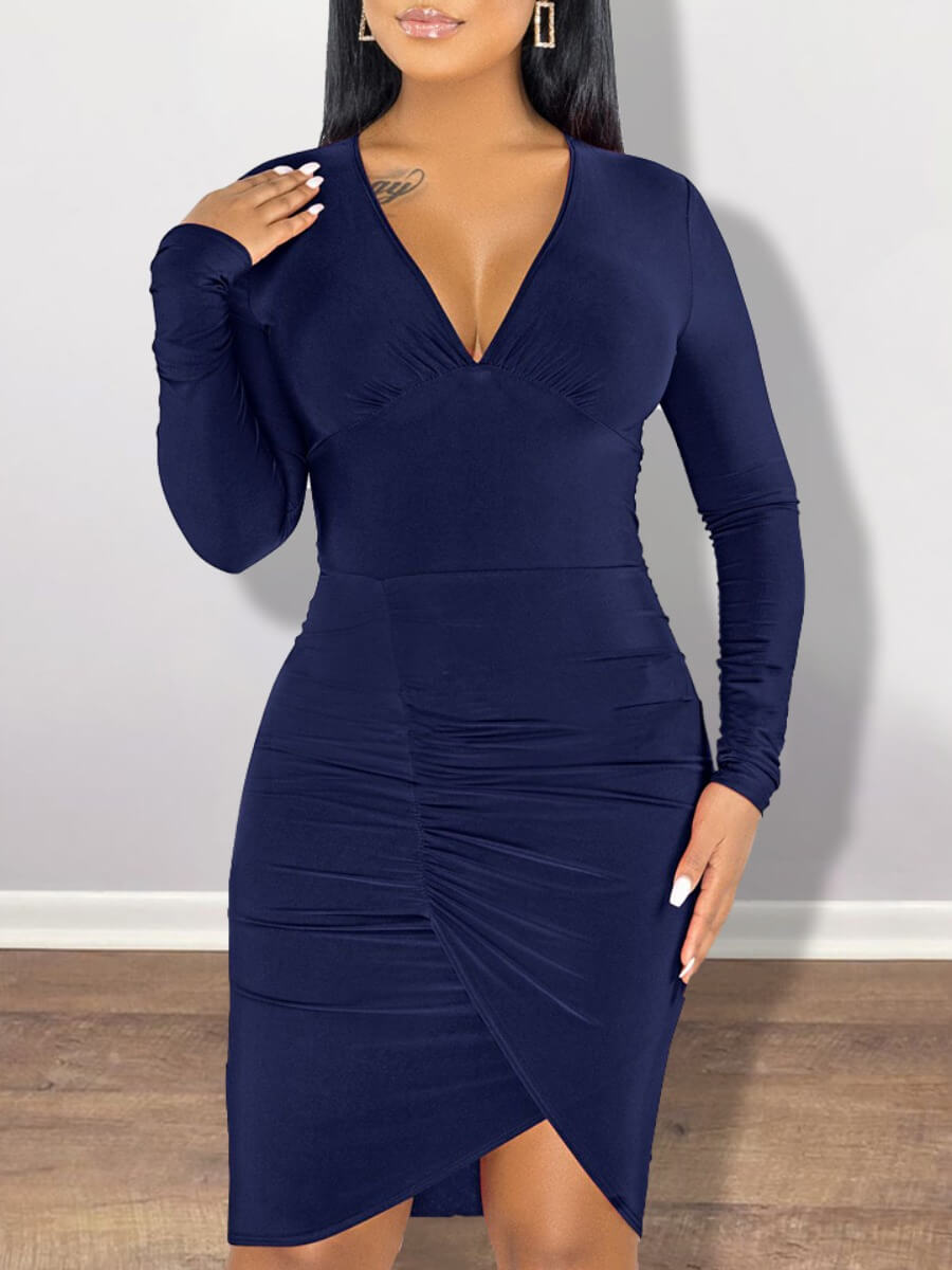 

Lovely Casual V Neck Fold Design Asymmetrical Dark Blue Knee Length Dress