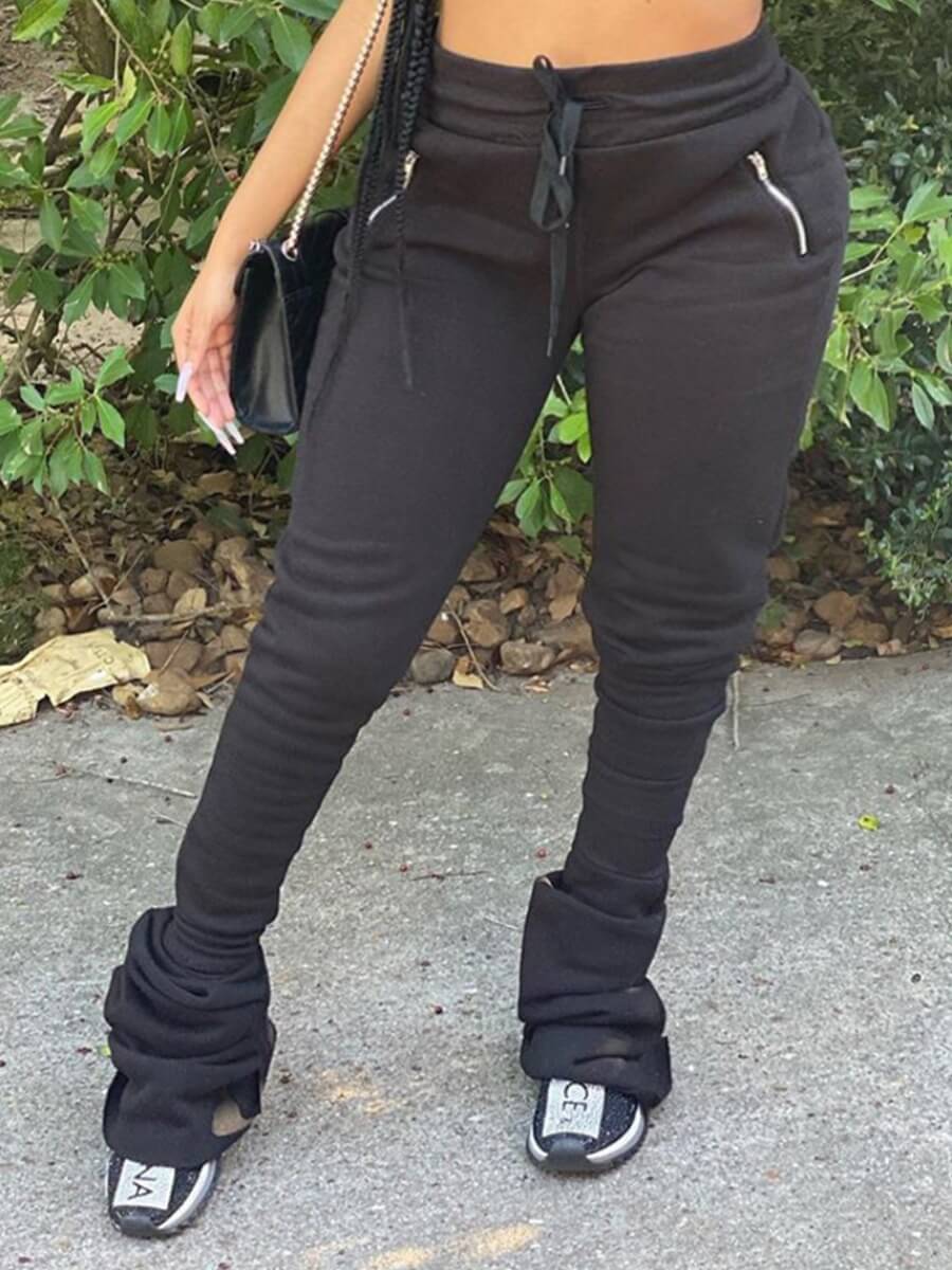 

Lovely Casual Drawstring Fold Design Black Plus Size Pants