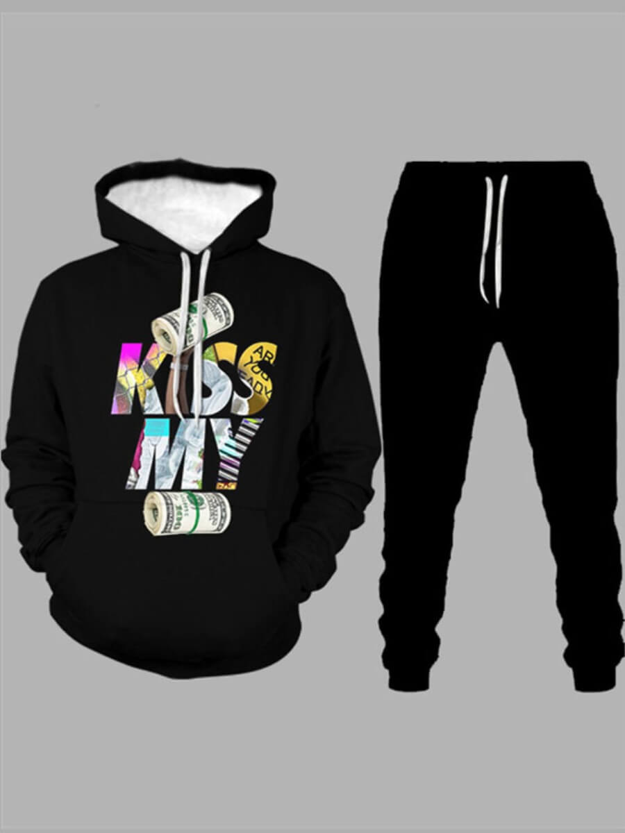 

Lovely Trendy Letter Print Drawstring Black Men Two Piece Pants Set