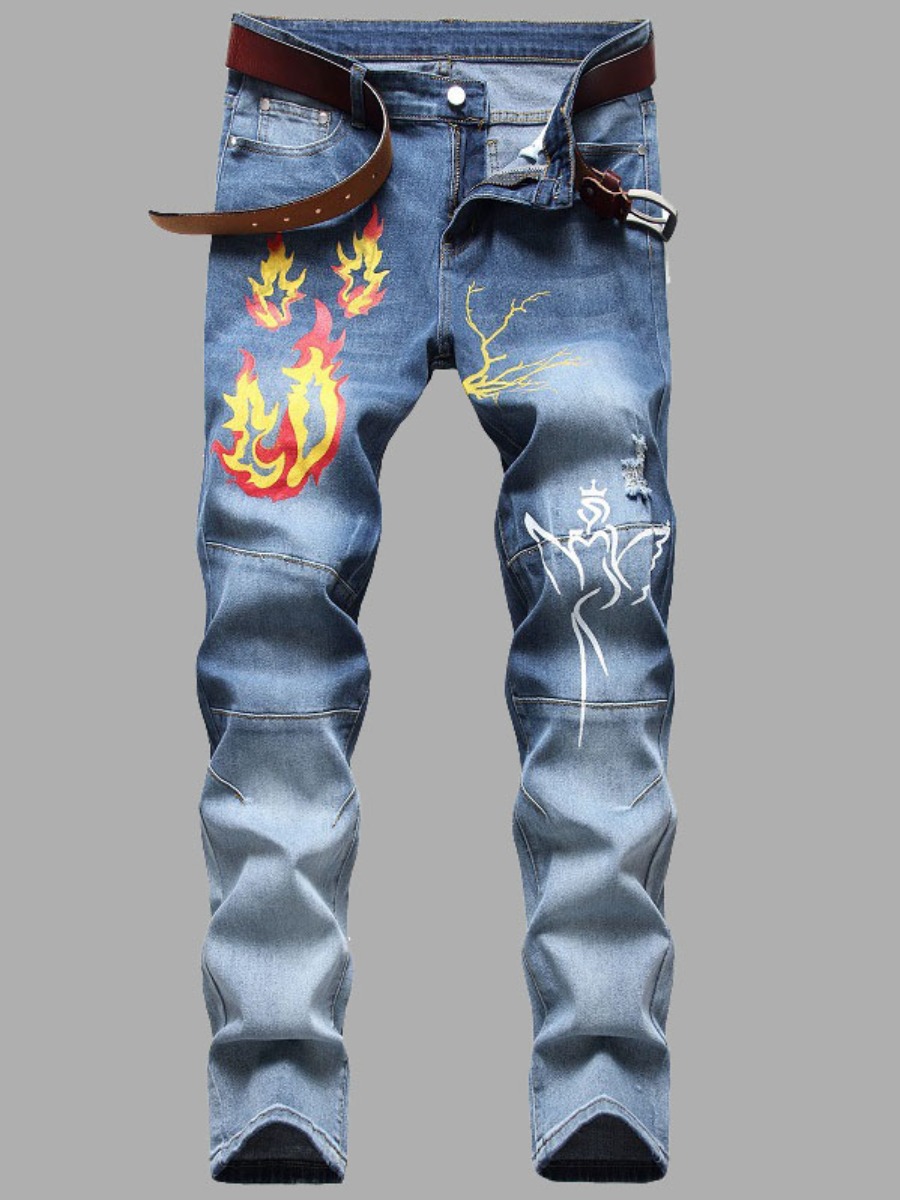 

Lovely Casual Fire Print Tie-dye Baby Blue Men Jeans