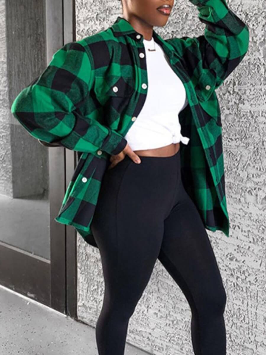 

Lovely Trendy Christmas Day Plaid Print Green Blouse