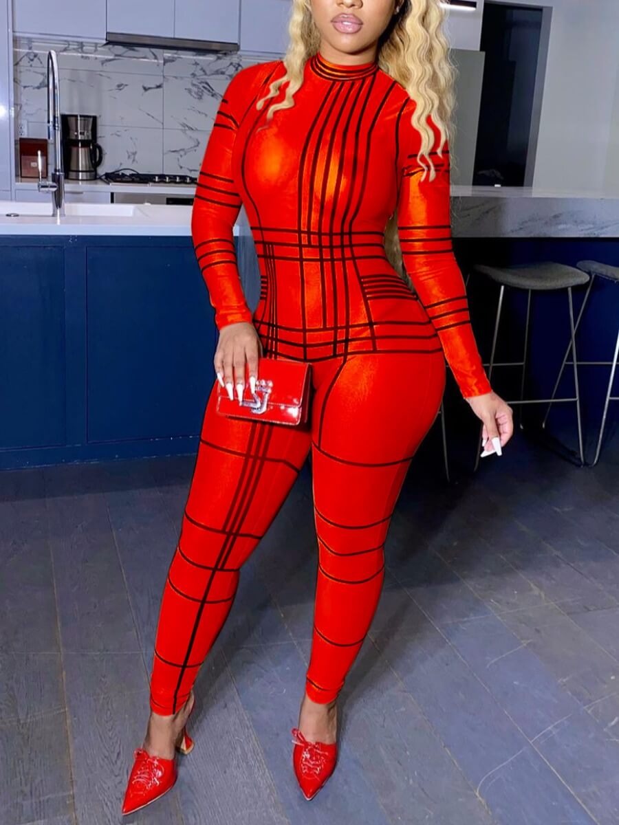 

Lovely Chic O Neck Geometric Print Red One-piece Jumpsuit