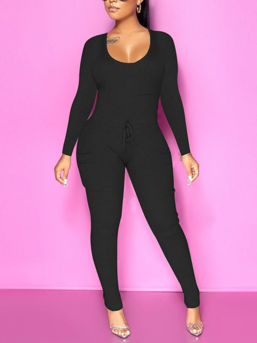 

Lovely Casual U Neck Drawstring Black One-piece Jumpsuit