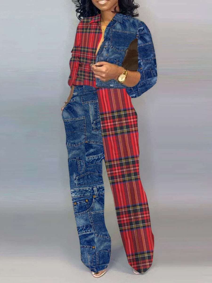 

Lovely Street Plaid Print Patchwork Blue One-piece Jumpsuit