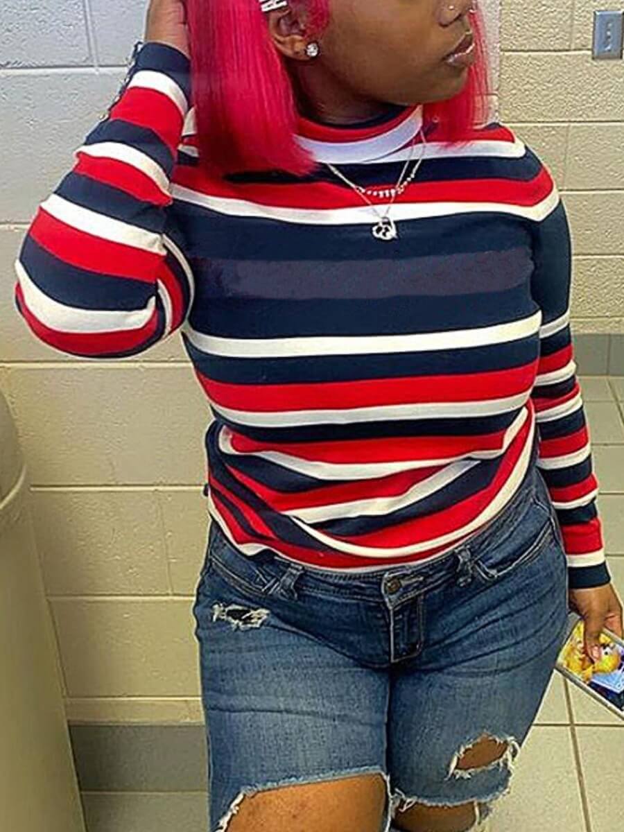 

Lovely Street Striped Patchwork Red Plus Size T-shirt