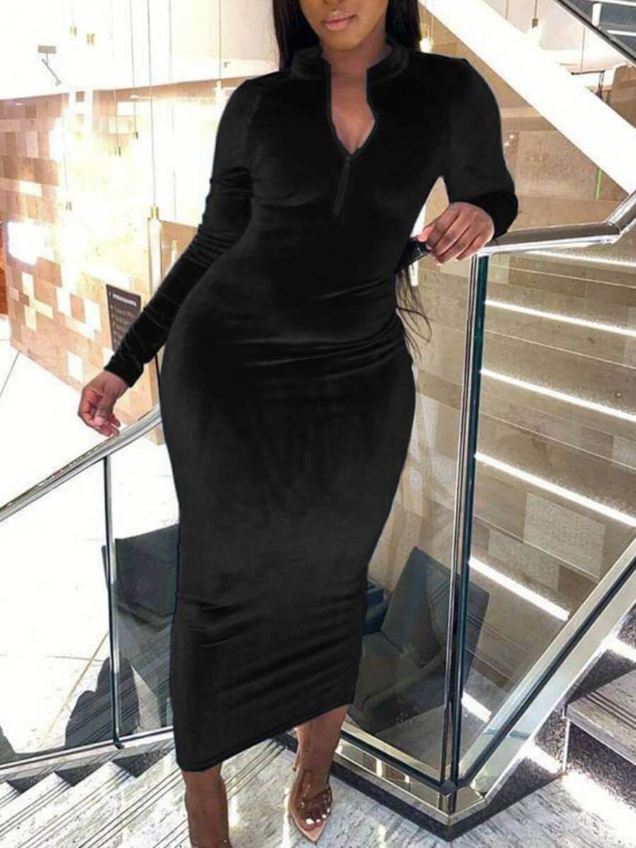 

Lovely Casual Mandarin Collar Skinny Black Mid Calf Plus Size Dress