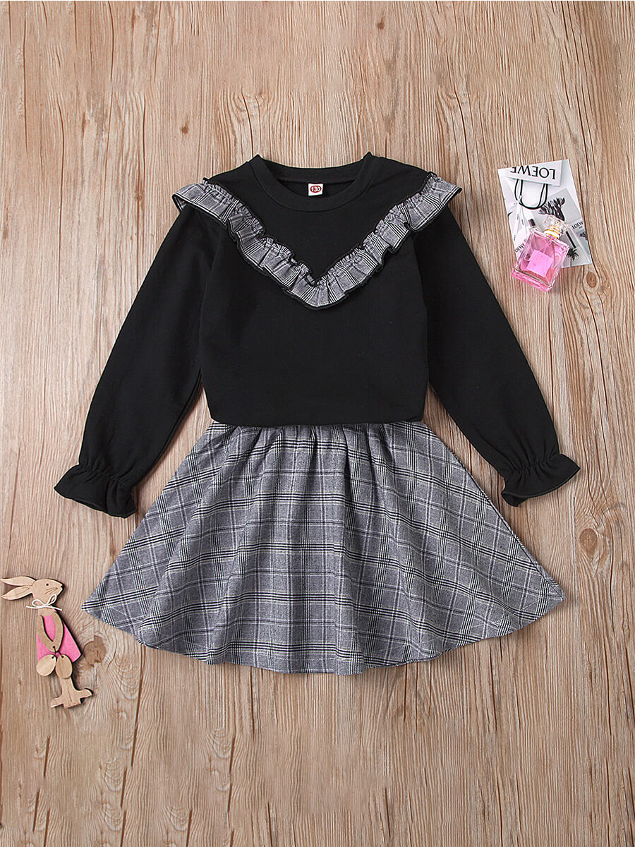 

Lovely Girl Sweet Flounce Design Plaid Print Black Two Piece Skirt Set