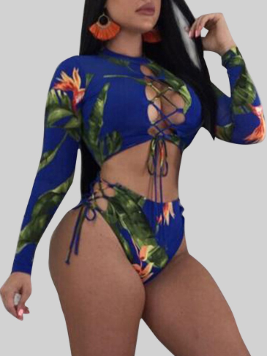 

Lovely Sexy Floral Print Bandage Hollow-out Design Blue Tankini