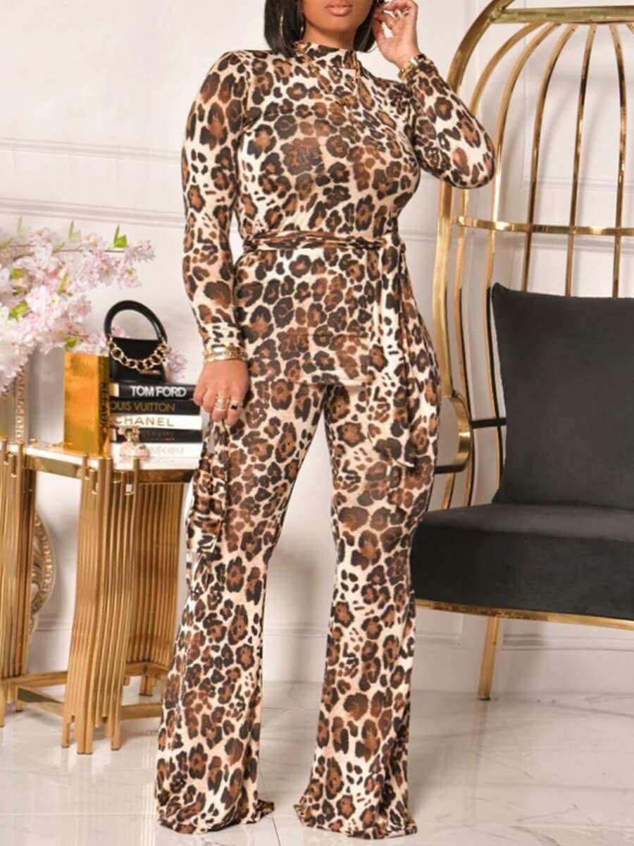 

Lovely Casual Flared Leopard Print Brown Two Piece Pants Set
