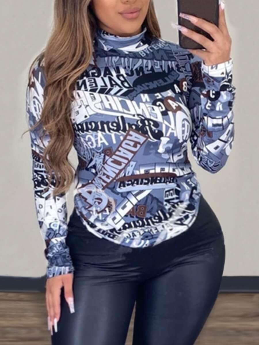 

Lovely Street Letter Print Patchwork Blue Plus Size T-shirt