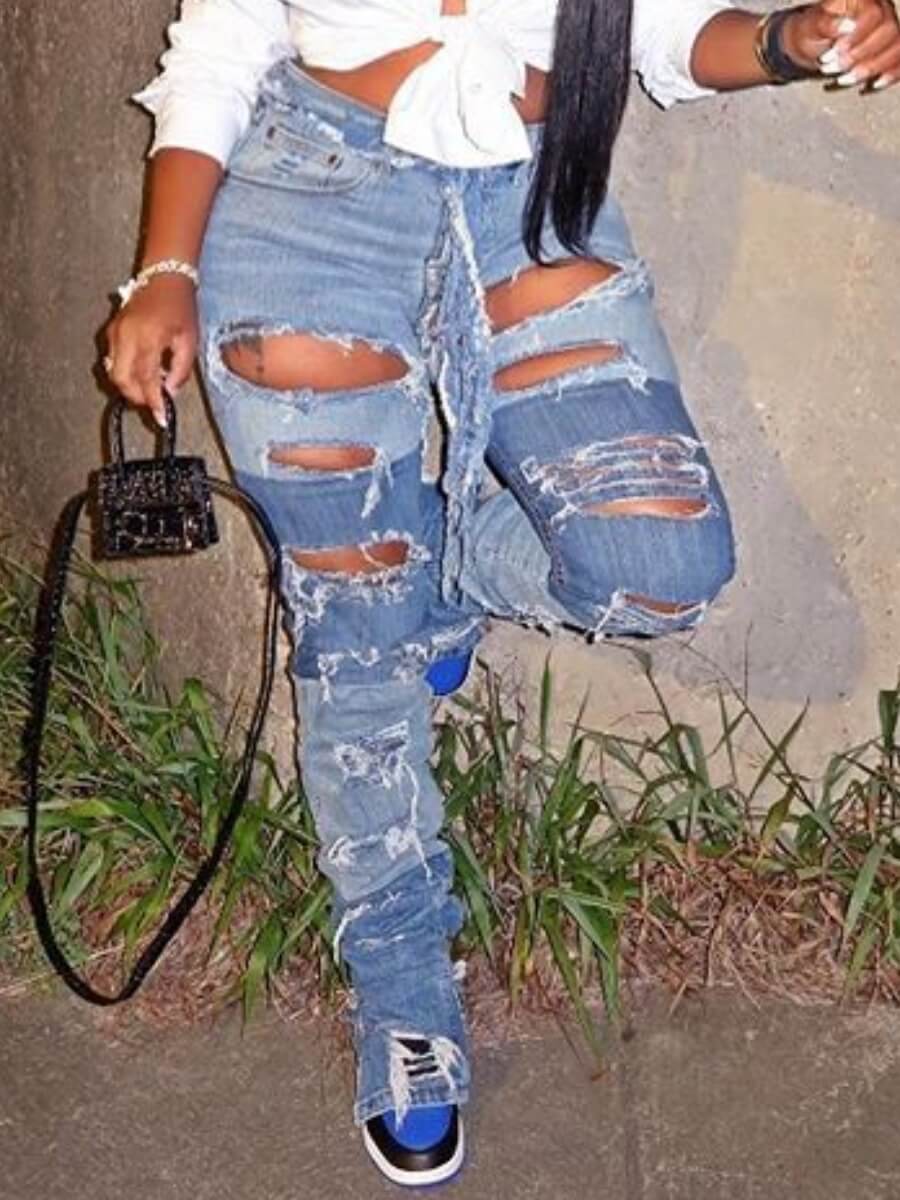 

Lovely Street Raw Edge Broken Holes Blue Jeans