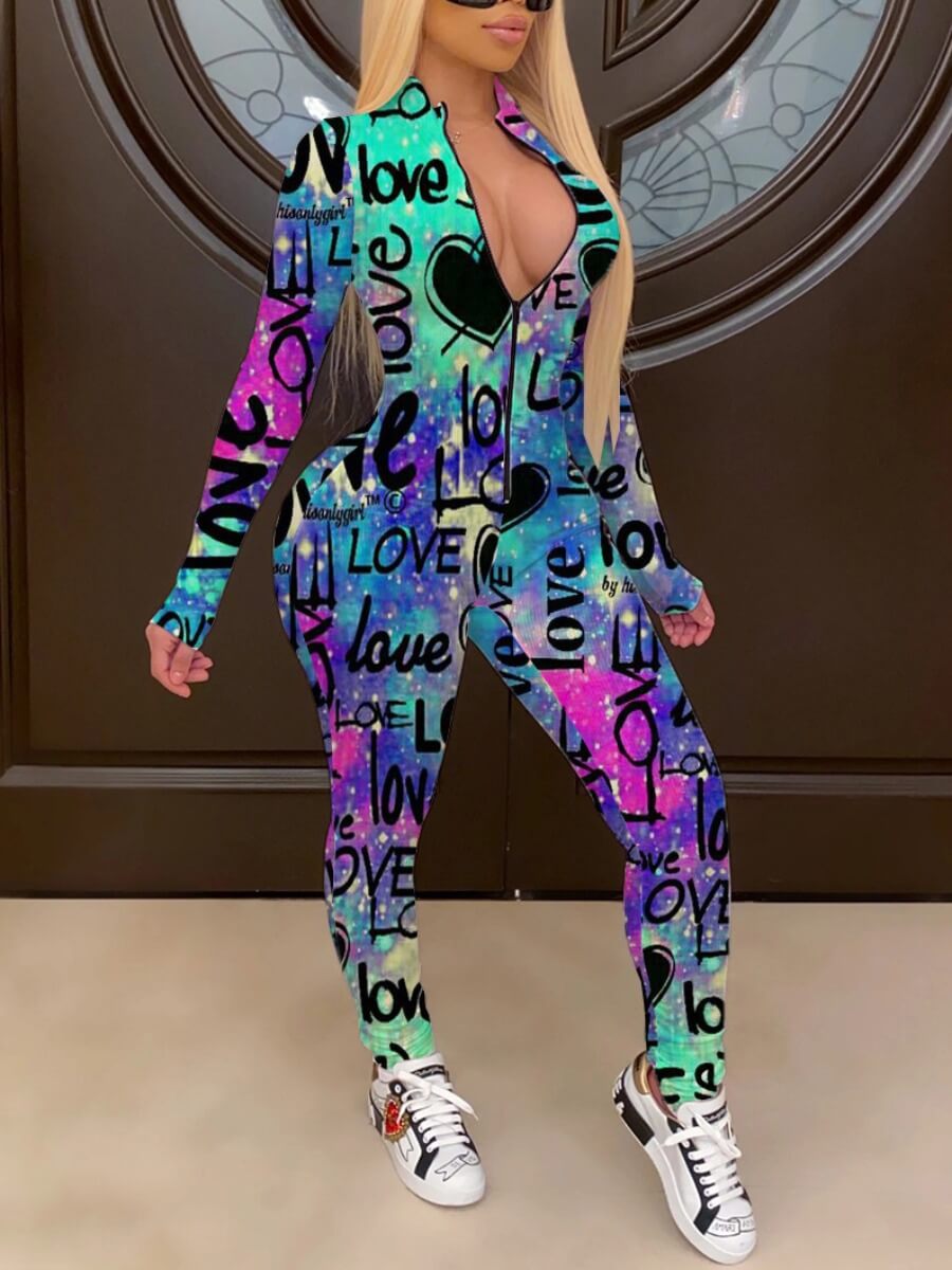 

Lovely Street Letter Print Tie-dye Multicolor One-piece Jumpsuit, Multi