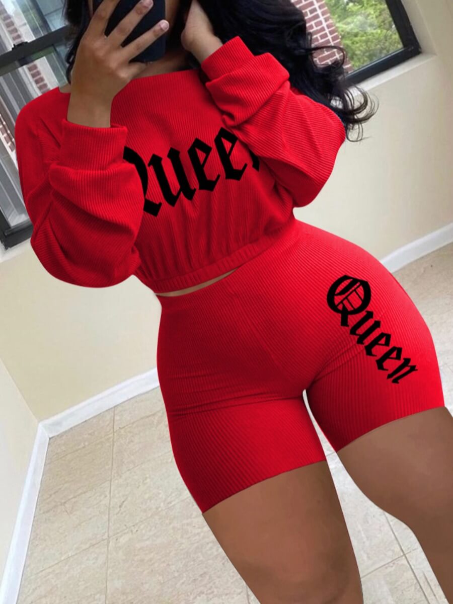 

LW Casual O Neck Letter Print Red Two Piece Shorts Set