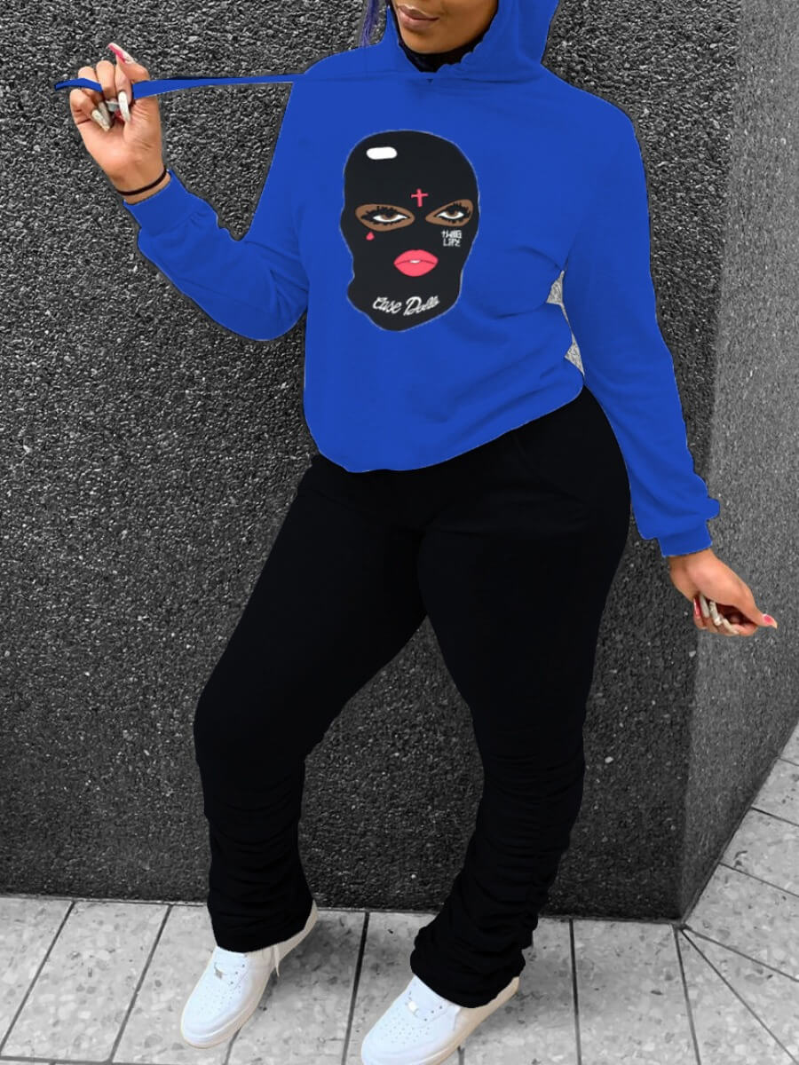 

Lovely Casual Hooded Collar Masked Face Print Blue Two Piece Pants Set
