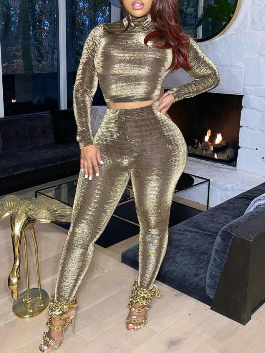 

Lovely Party Turtleneck Sequined Gold Two Piece Pants Set