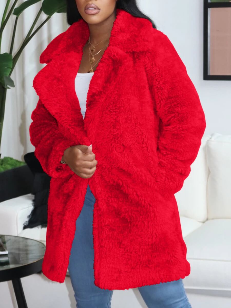

Lovely Casual Turndown Collar Loose Red Faux Fur