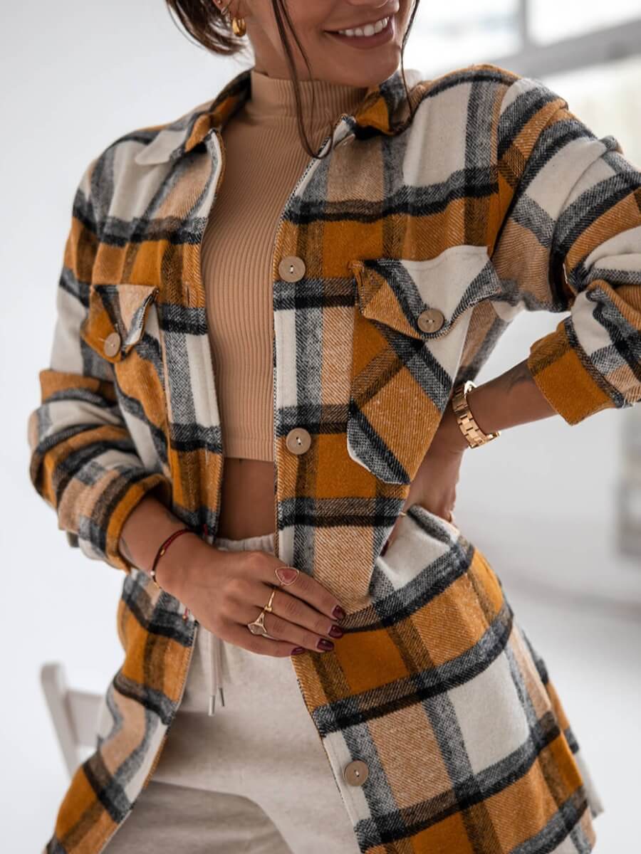 

Lovely Casual Turndown Collar Plaid Print Yellow Coat