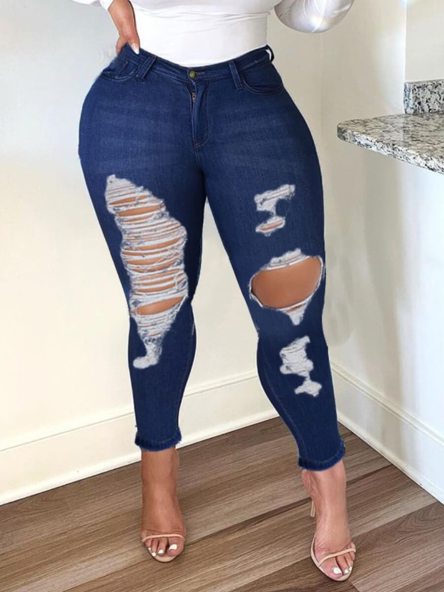 

Lovely Street High-waisted Broken Holes Deep Blue Jeans