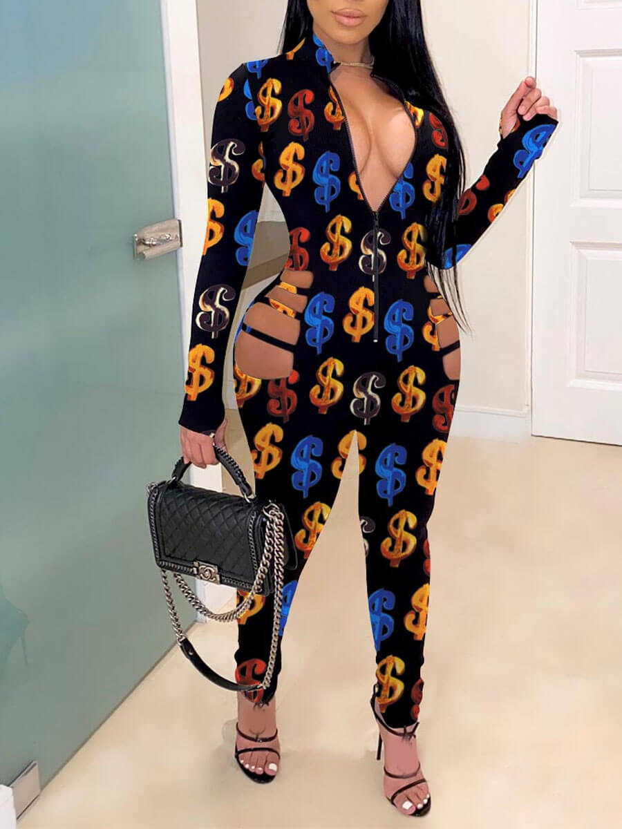 

Lovely Party Dollar Sign Print Hollow-out One-piece Jumpsuit, Black