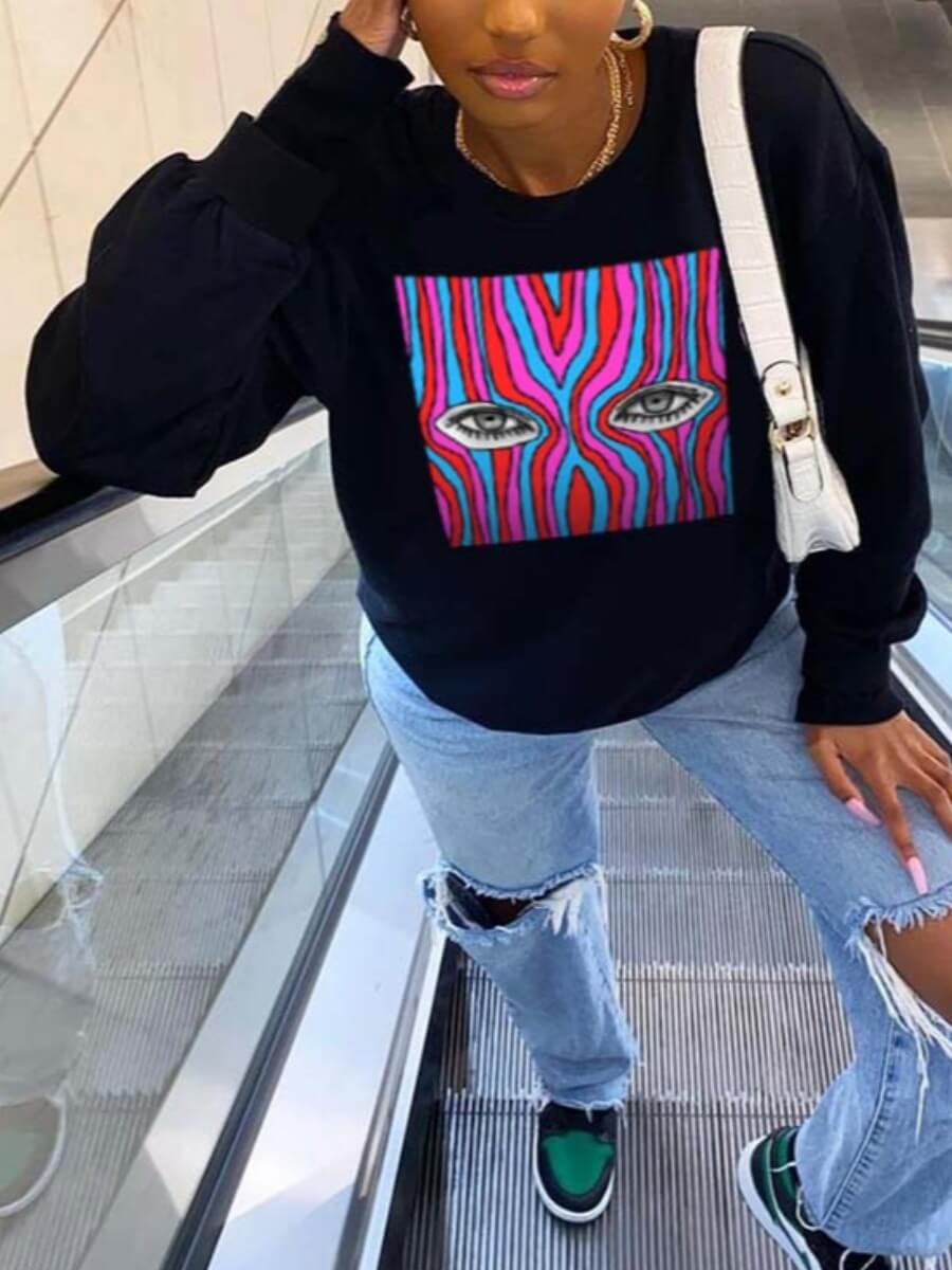 

Lovely Trendy Eye Print Patchwork Black Hoodie