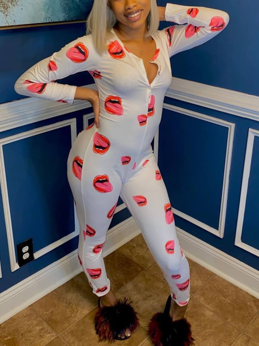 

Lovely Sweet Lip Print Skinny White One-piece Jumpsuit