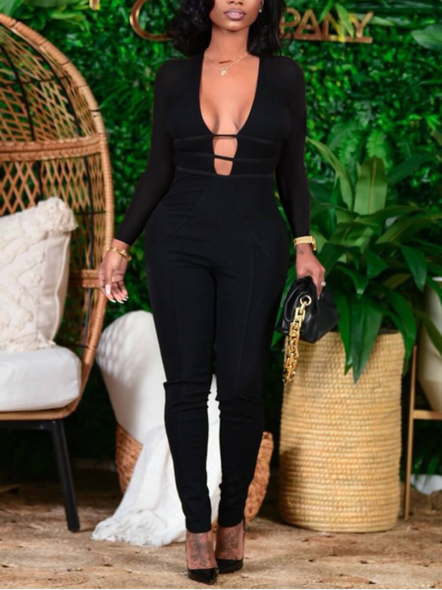 

Lovely Chic U Neck Hollow-out Black One-piece Jumpsuit