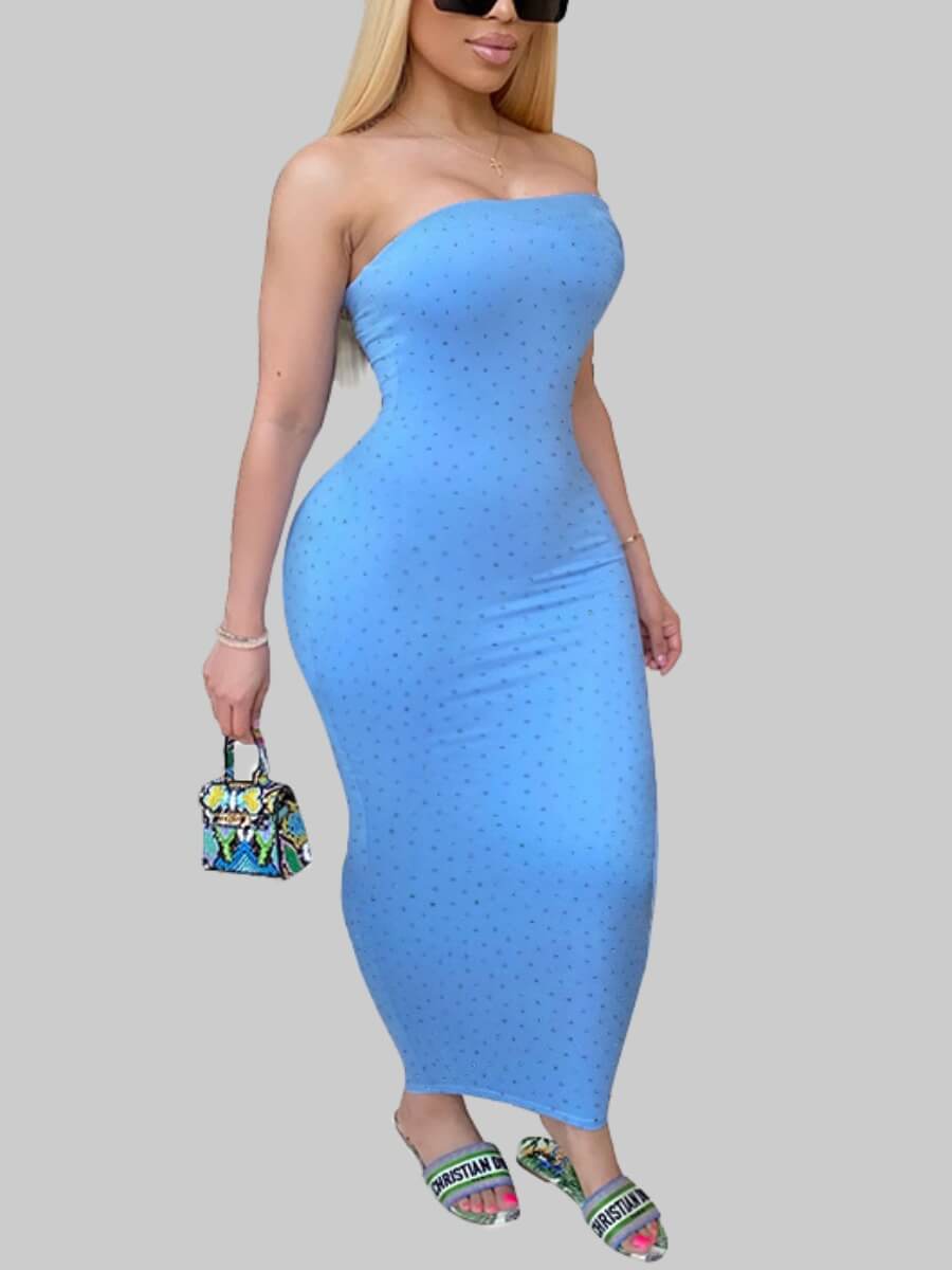 

Lovely Sweet Off The Shoulder Dot Print Baby Blue Ankle Length Plus Size Dress