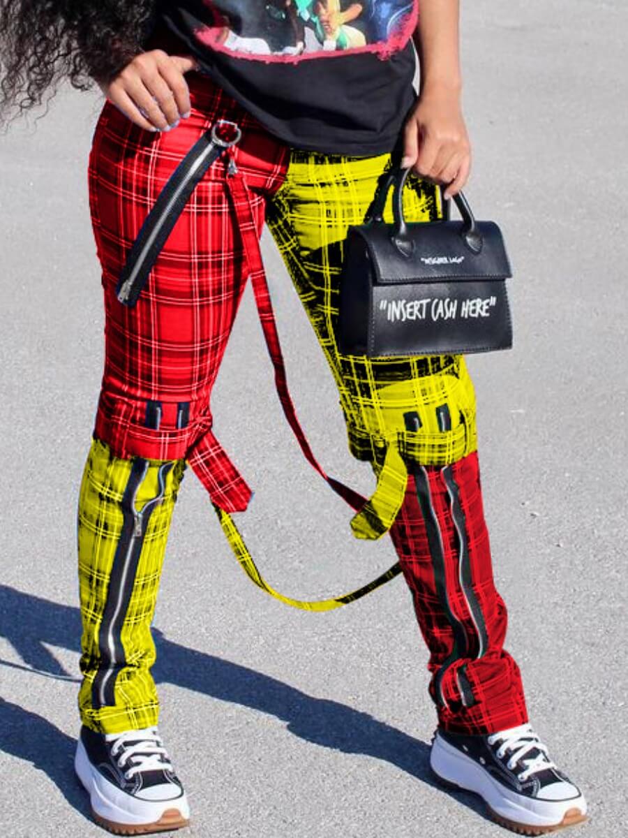 

Lovely Trendy Plaid Print Zipper Design Red Pants
