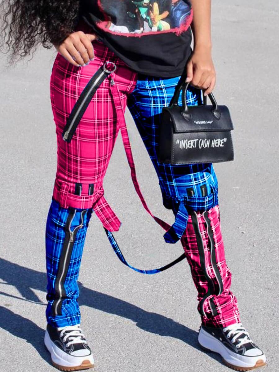 

Lovely Trendy Plaid Print Zipper Design Rose Red Pants