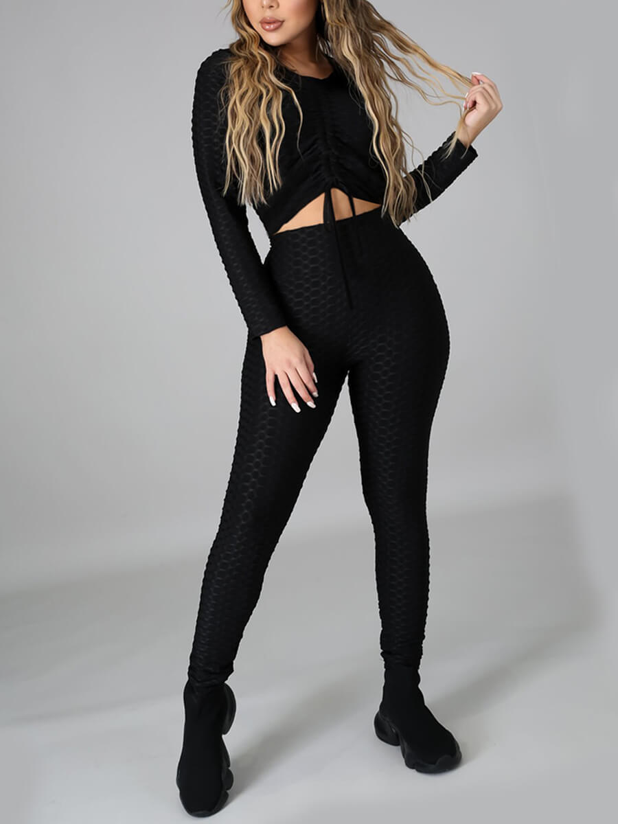 

Lovely Casual O Neck Drawstring Black Plus Size Two-piece Pants Set