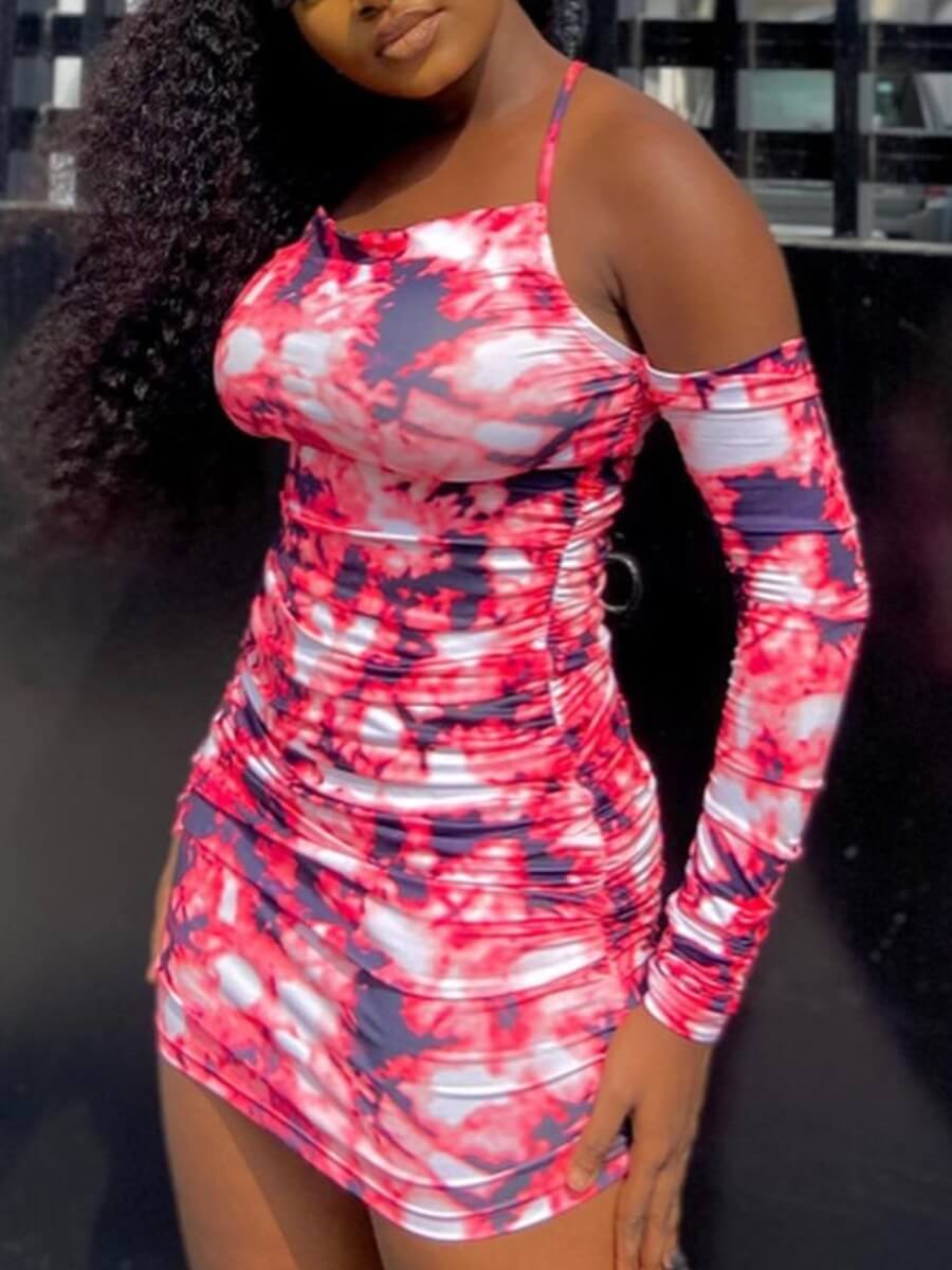 

Lovely Sexy Off The Shoulder Tie-dye Cross Strap Red Mini Dress