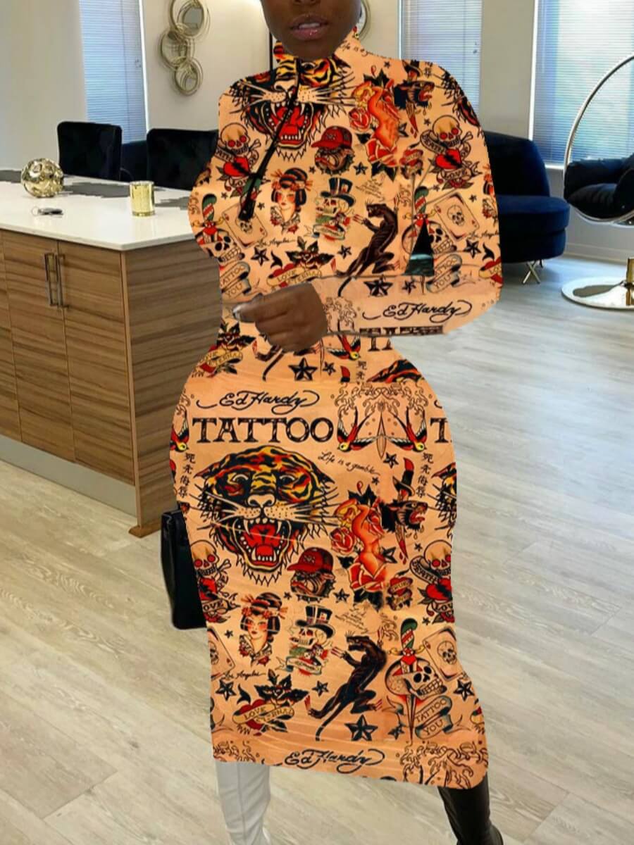 

Lovely Casual Letter Print Patchwork Brown Mid Calf Dress