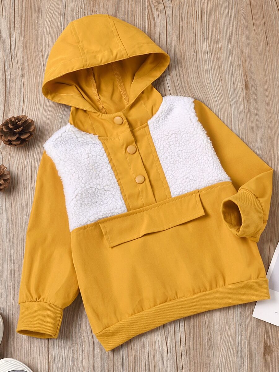 

Lovely Casual Button Design Color-lump Patchwork Yellow Girl Hoodie