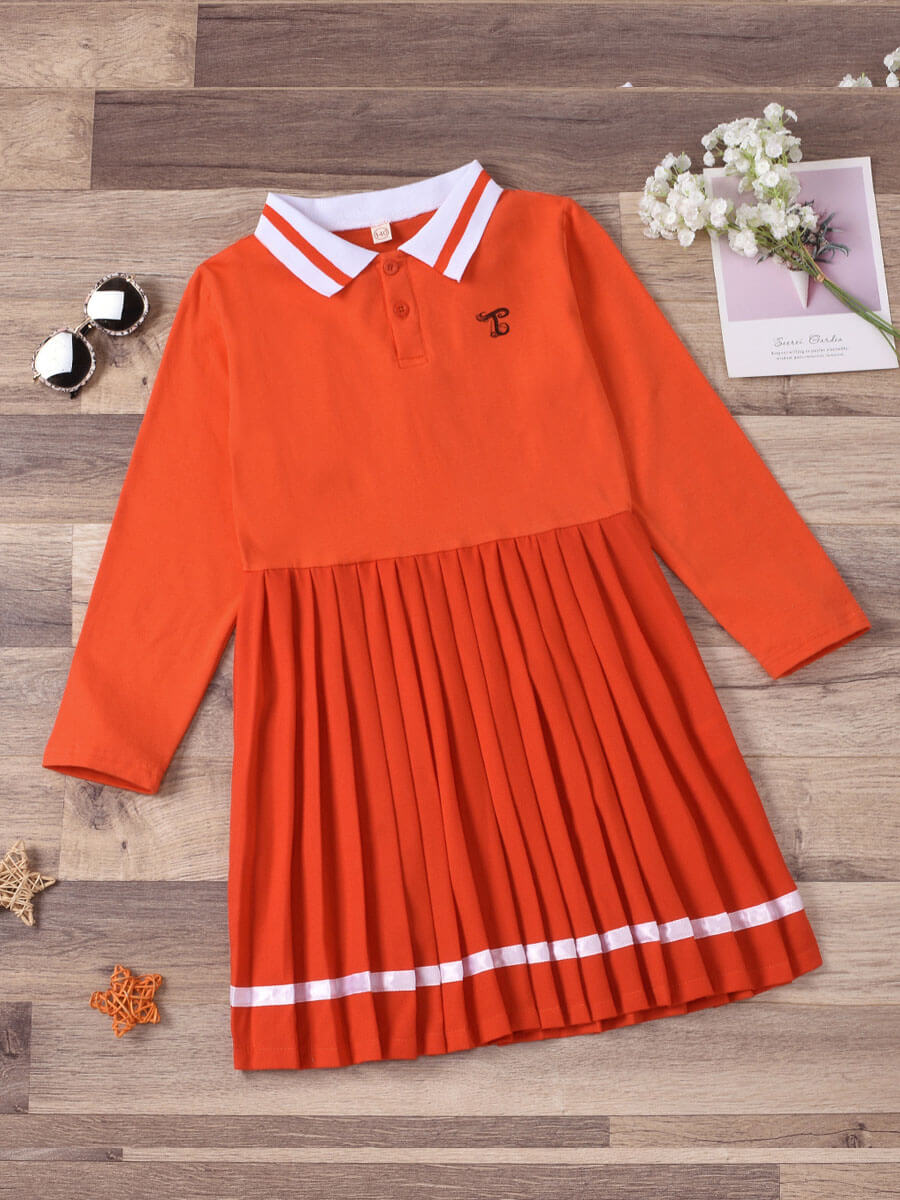 

Lovely Sweet Pleated Striped Patchwork Orange Girl Dress