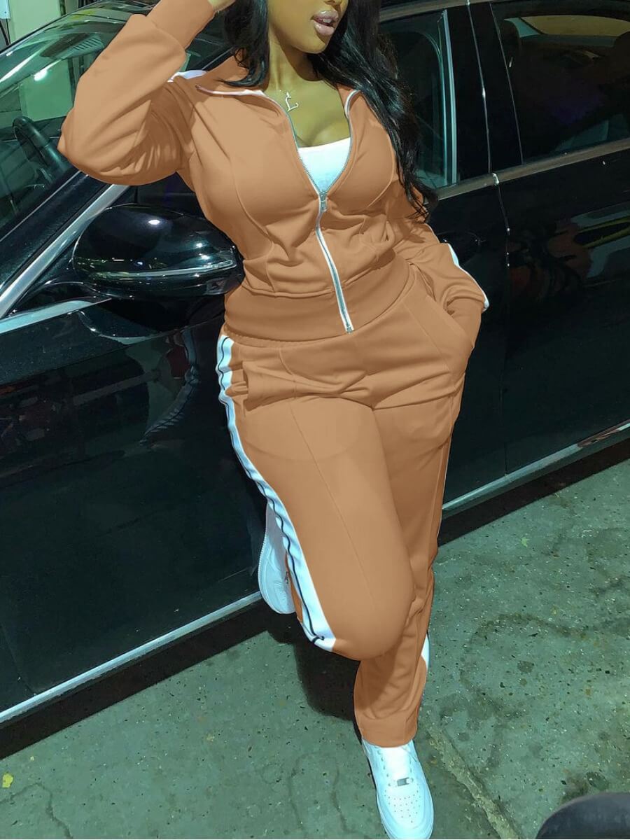 

Lovely Sportswear Striped Zipper Design Khaki Two Piece Pants Set