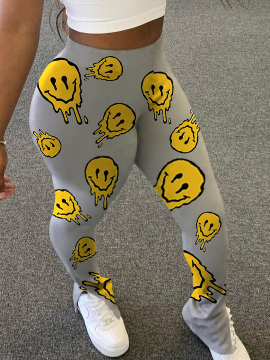 

Lovely Casual Mid Waist Smiley Face Print Grey Pants(No-positioning Printing