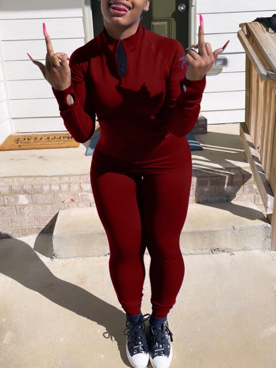 

Lovely Trendy Mandarin Collar Basic Skinny Wine Red Two Piece Pants Set