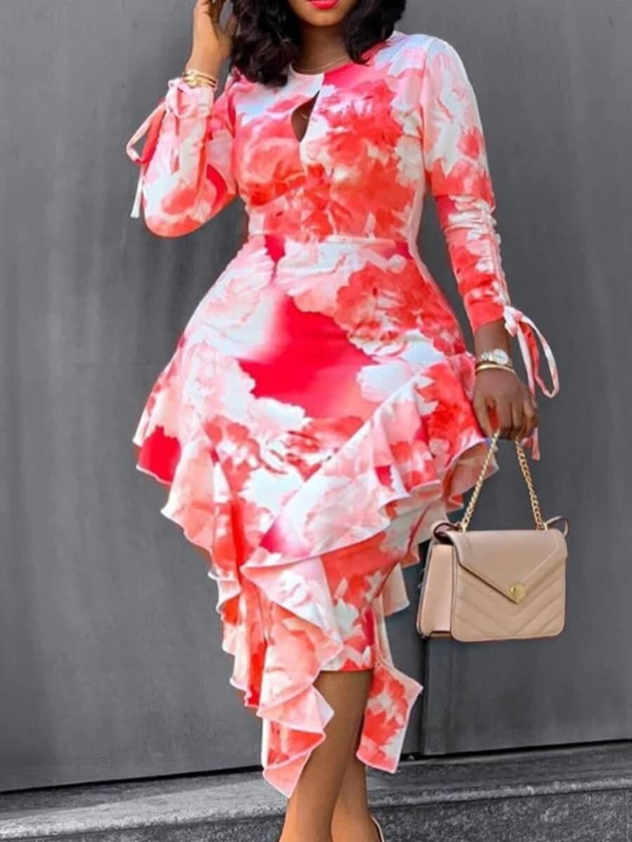

Lovely Stylish Print Flounce Design Asymmetrical Red Ankle Length Plus Size Dress