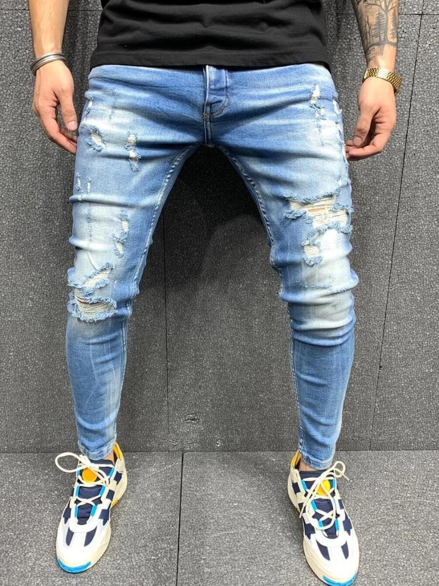 

Lovely Casual Mid Waist Broken Holes Blue Men Jeans
