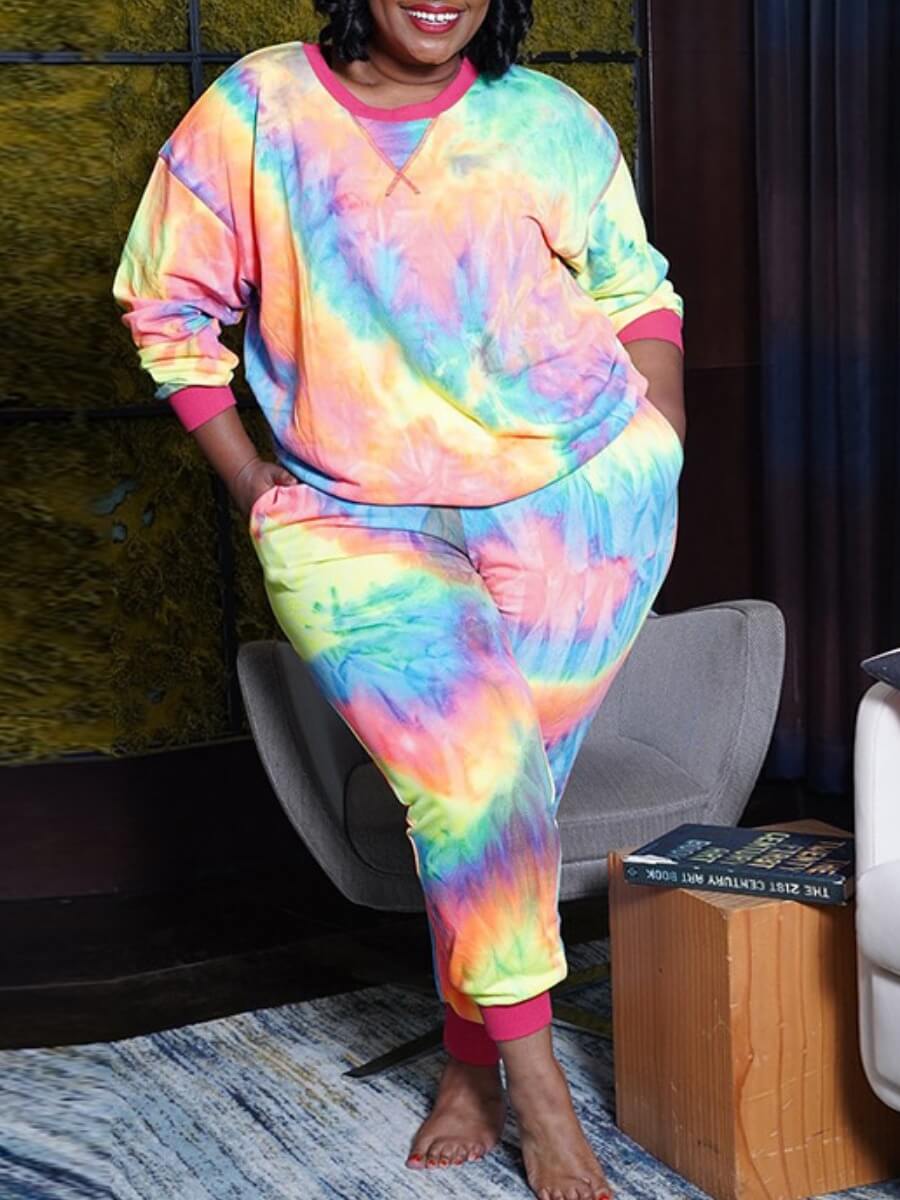 

Lovely Casual O Neck Tie-dye Multicolor Plus Size Two-piece Pants Set, Multi