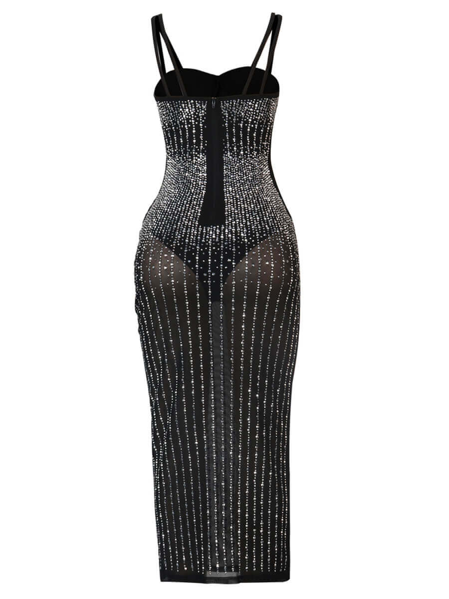 LW SXY Sequined See-through Black Mid Calf Evening Dress