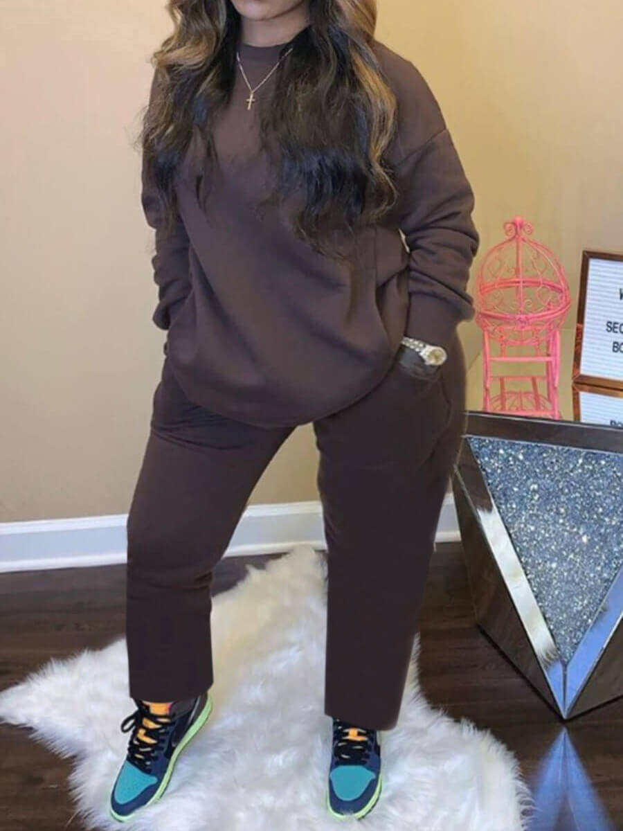 

Lovely Stylish O Neck Basic Loose Coffee Plus Size Two-piece Pants Set